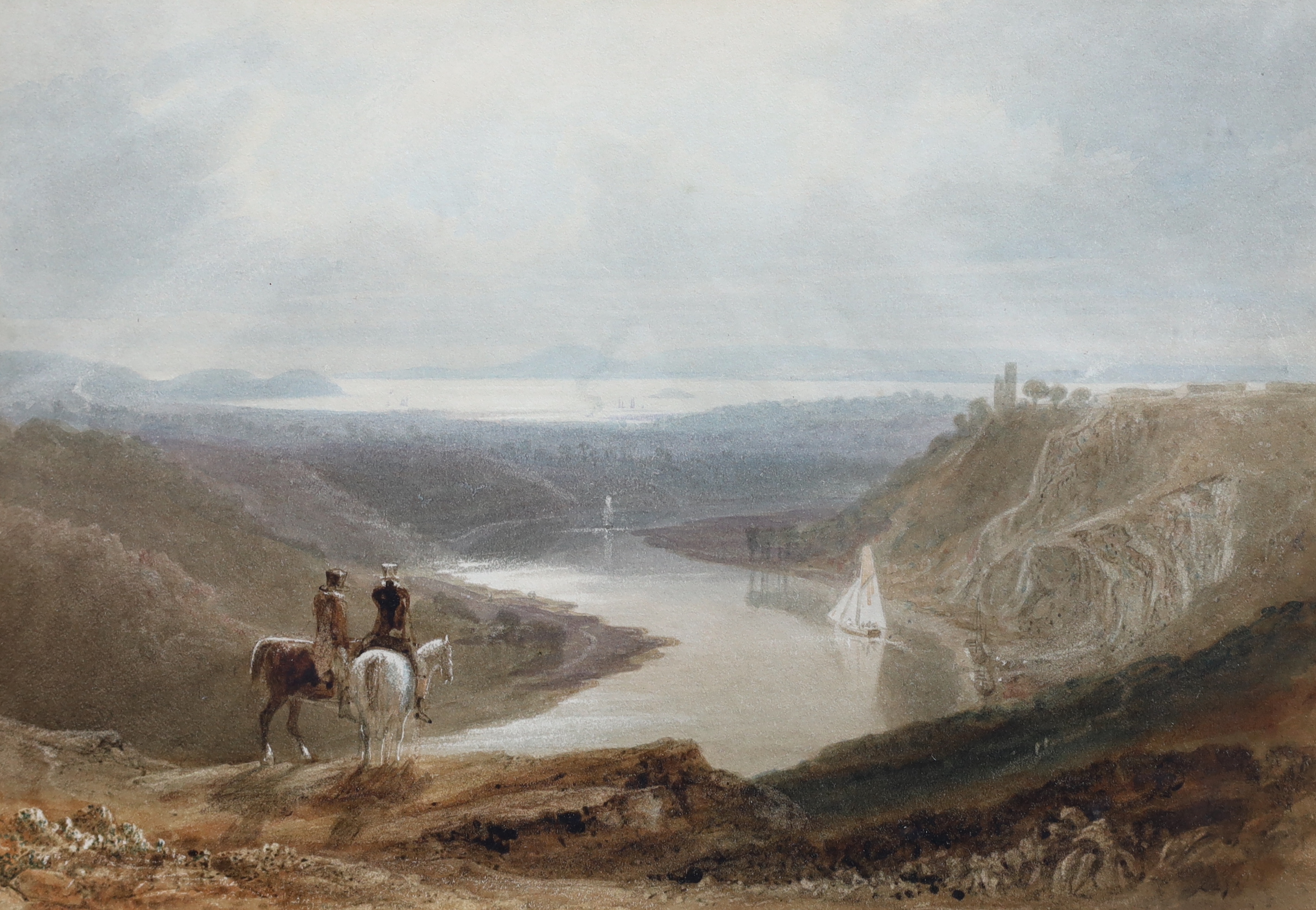 Samuel Jackson (British, 1830-1904), Horsemen surveying Clifton Gorge, Cook’s Folly & the Severn Estuary, watercolour, 13.5 x 16.5cm